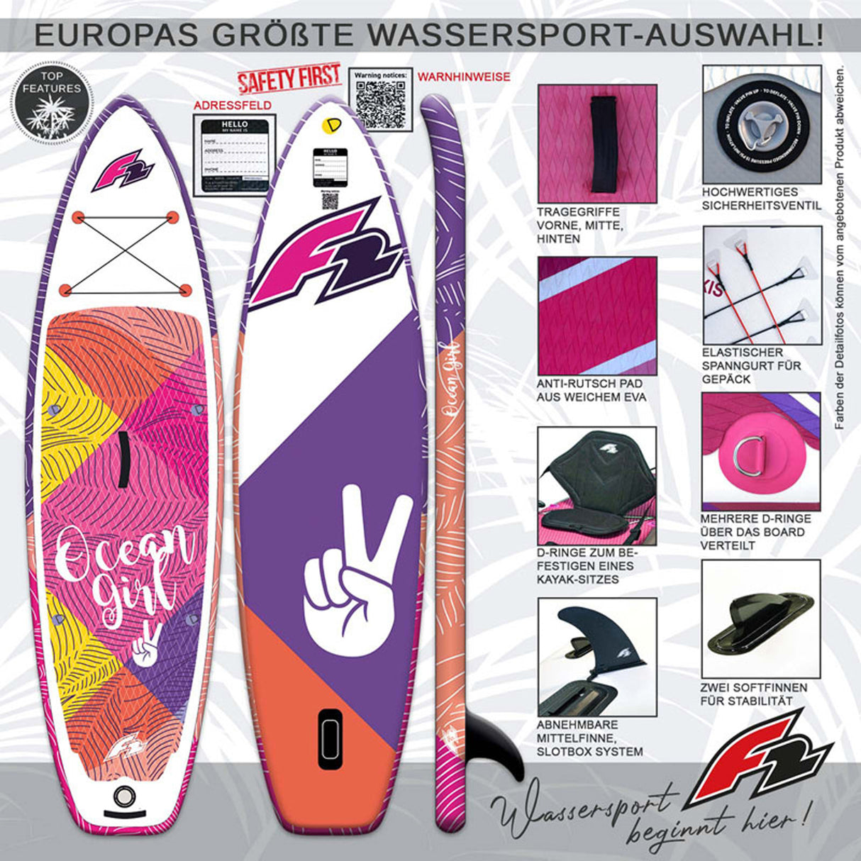 F2 Junior SUP Stand Up Paddle Board Ocean Girl 8'2''/9'2" wählbar Pink