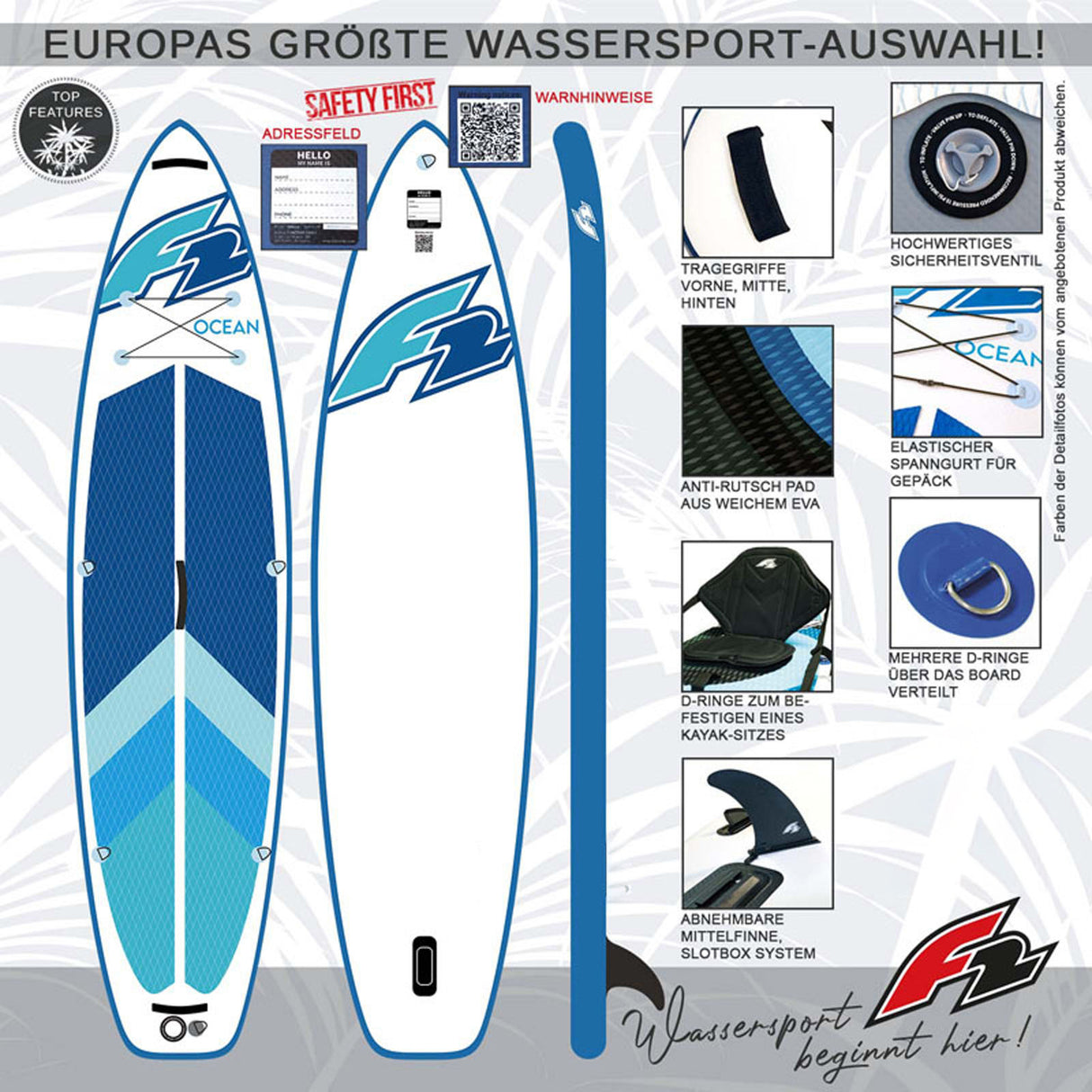 F2 Marken Stand Up Paddle Board Ocean Blau SUP 11'5 350cm + Kajak Zubehör Paket