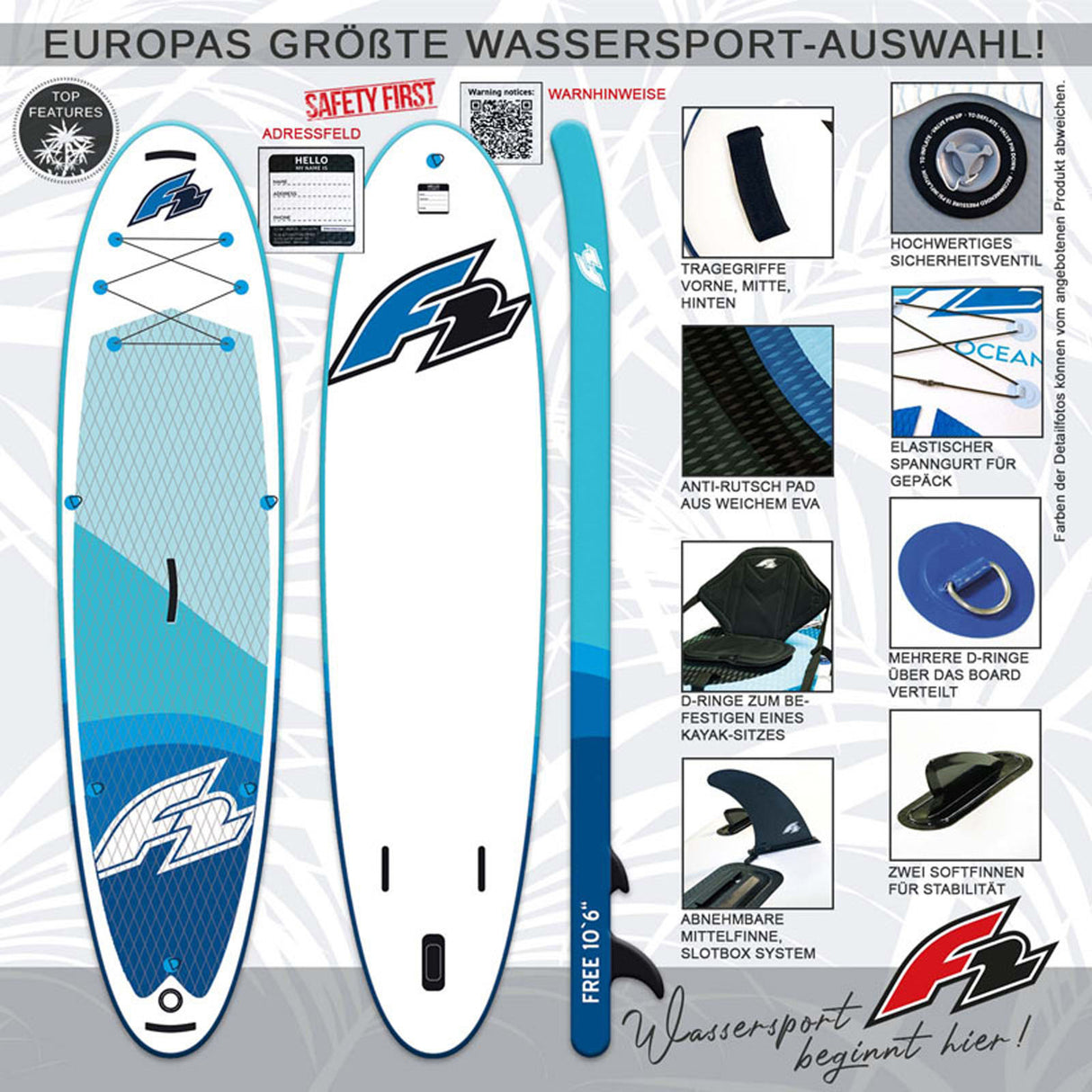 F2 Stand Up Paddle Board FREE - Round Sail - SUP Set Größe wählbar Blau