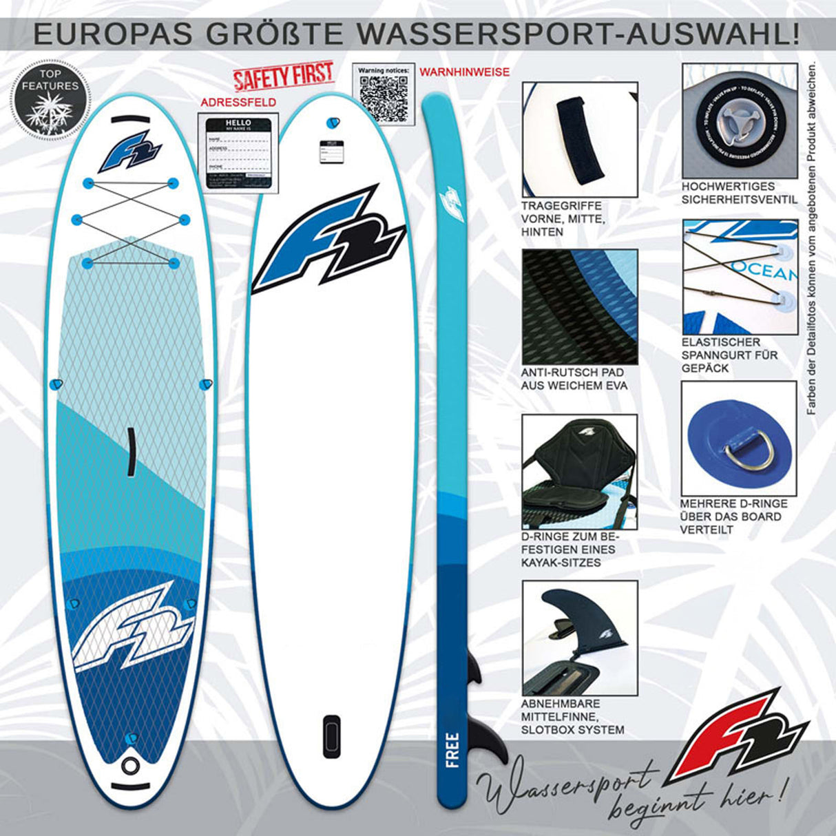 F2 Stand Up Paddle Board FREE - Round Sail - SUP Set Größe wählbar Blau