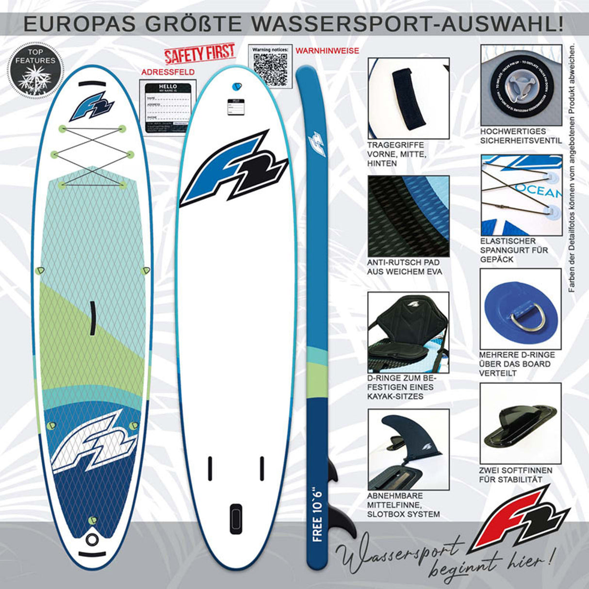 F2 Stand Up Paddle Board FREE - Round Sail - SET SUP Größe wählbar Aqua