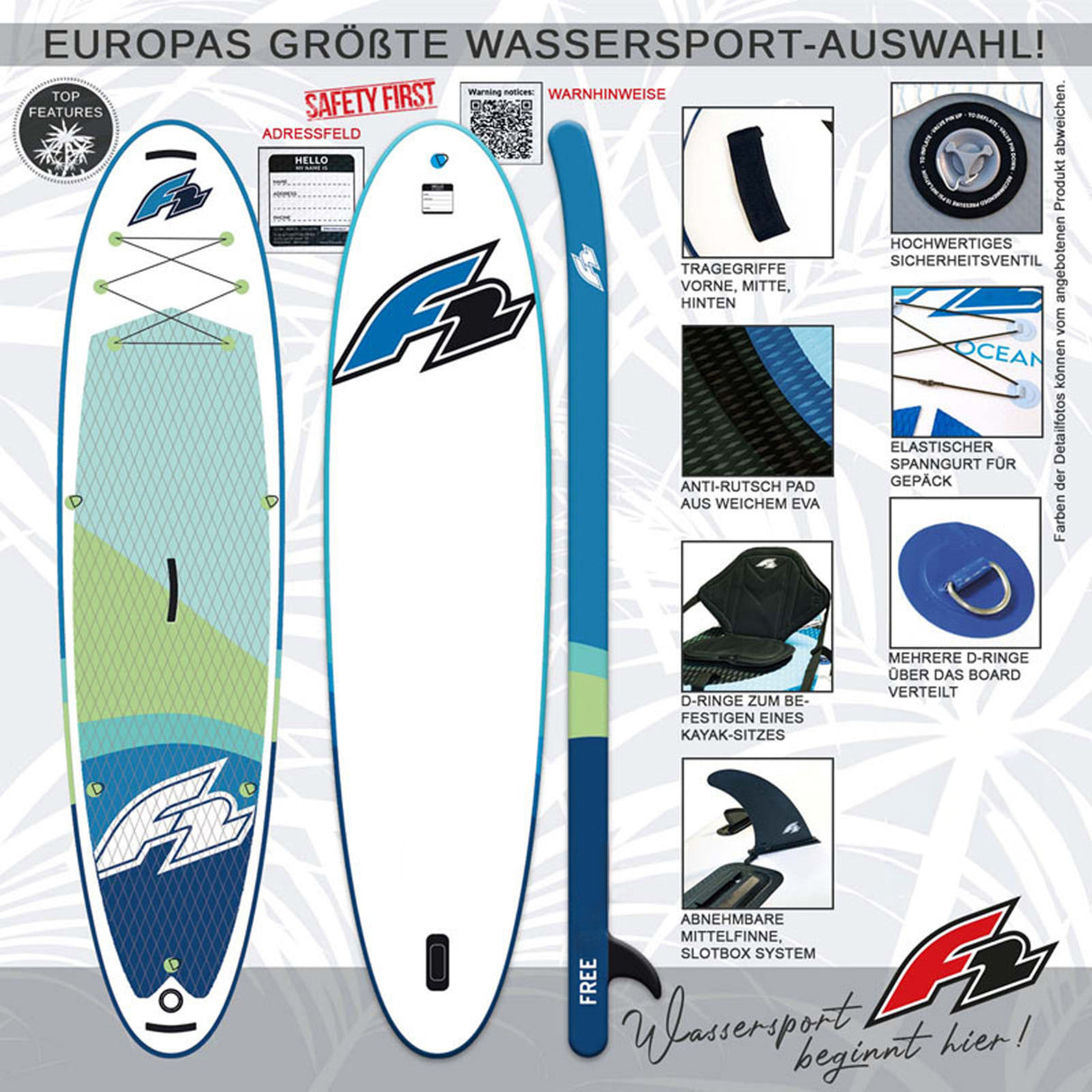 F2 Stand Up Paddle Board FREE - Round Sail - SET SUP Größe wählbar Aqua