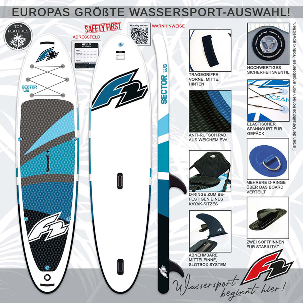 F2  Stand Up Paddle Board SECTOR WS Windsurf SUP Größe wählbar Blau