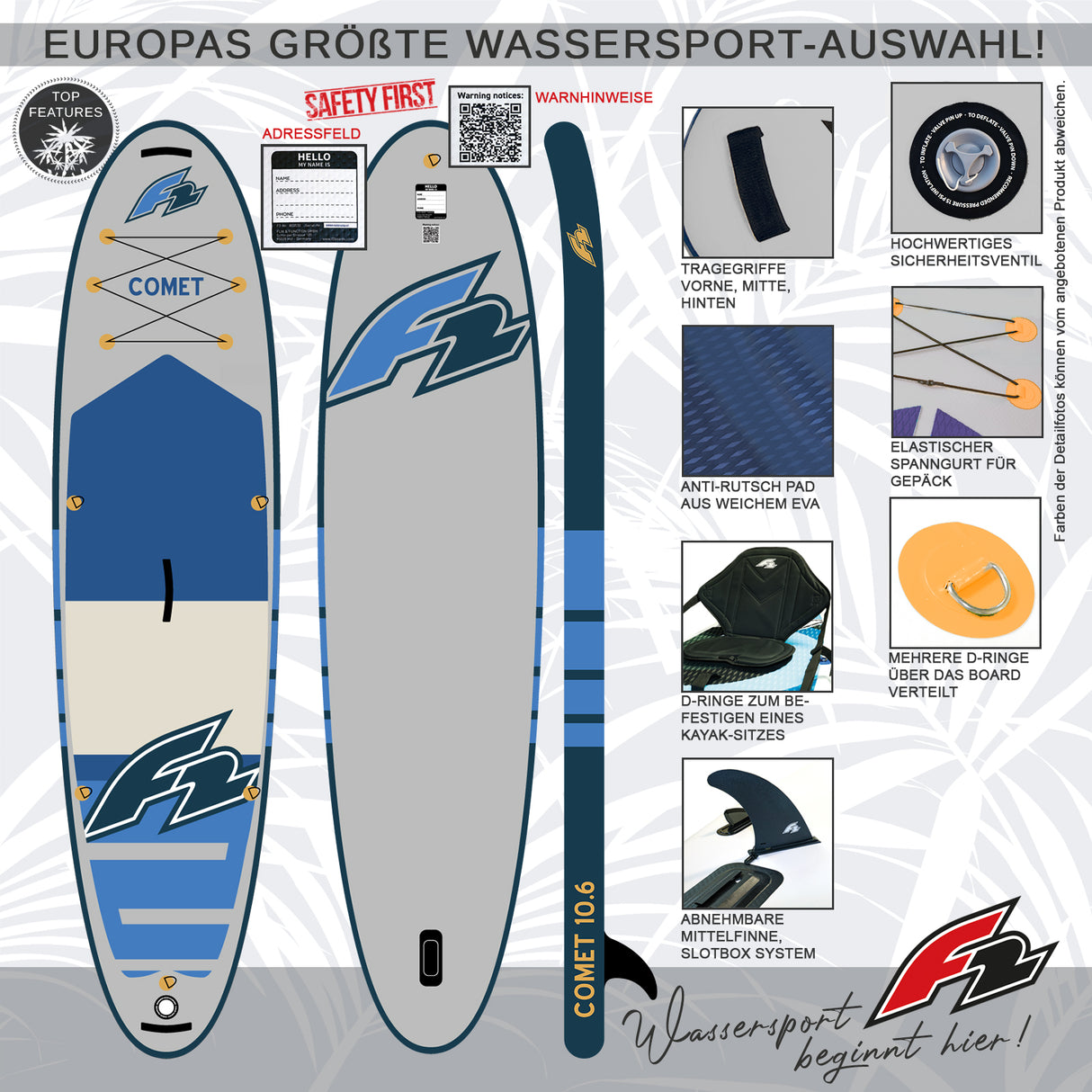 F2 Set Stand Up Paddle Board Comet Grau 11,6 + Basic Zubehör Paket