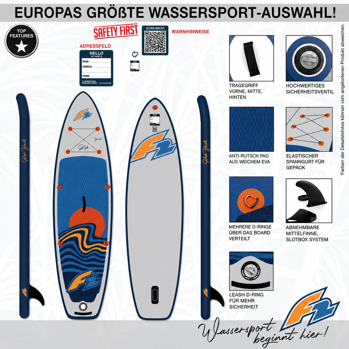 F2 SUP Stand Up Paddle Board Glide Surf Youth Grau - Größe wählbar