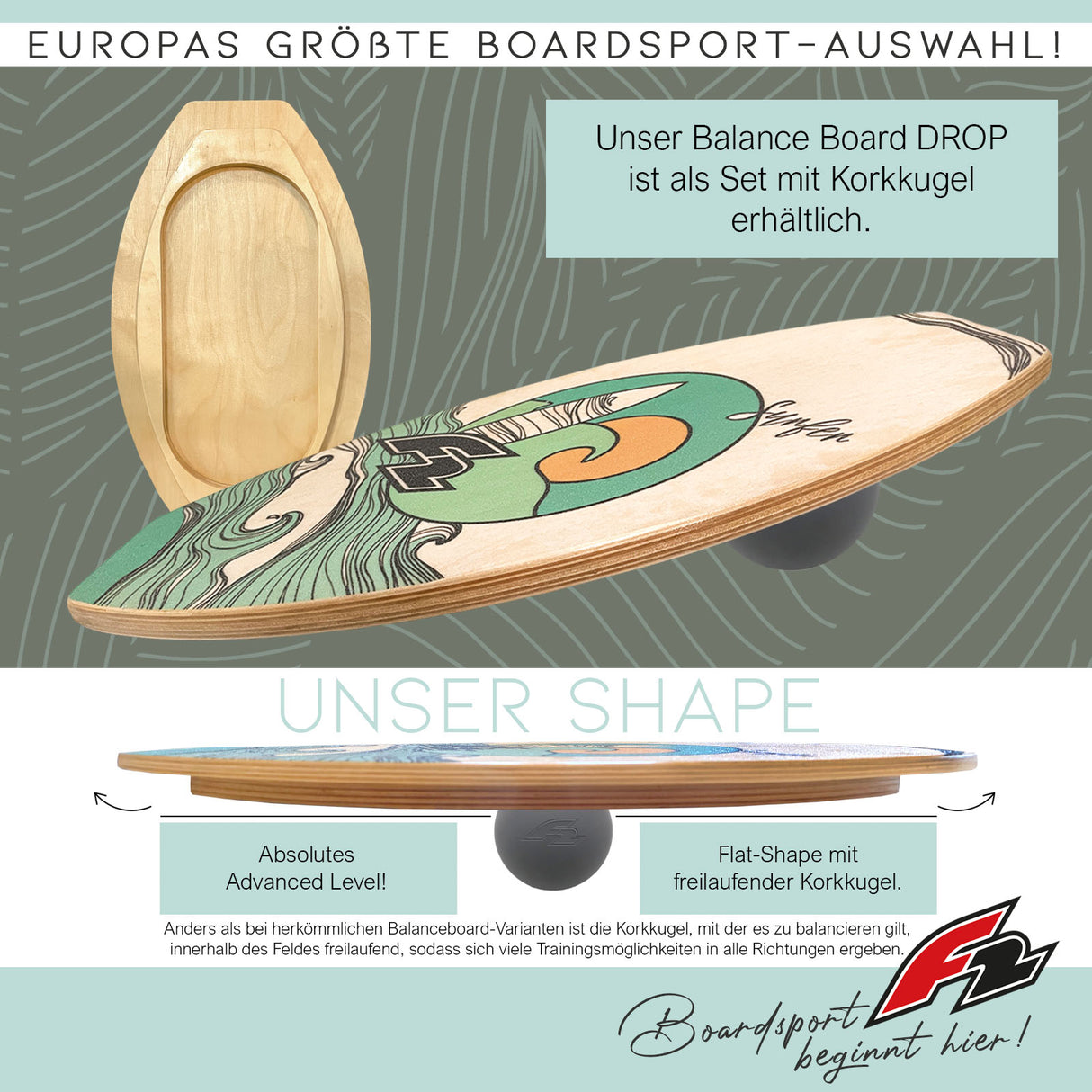 F2  Balance Board Drop inkl. Ball  60x35cm Natur