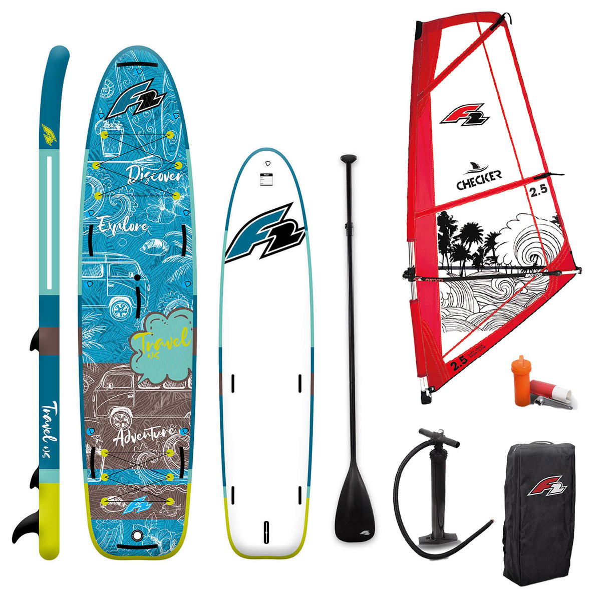 F2 Set Travel SUP mit Windsurfsegel Checker Größen wählbar