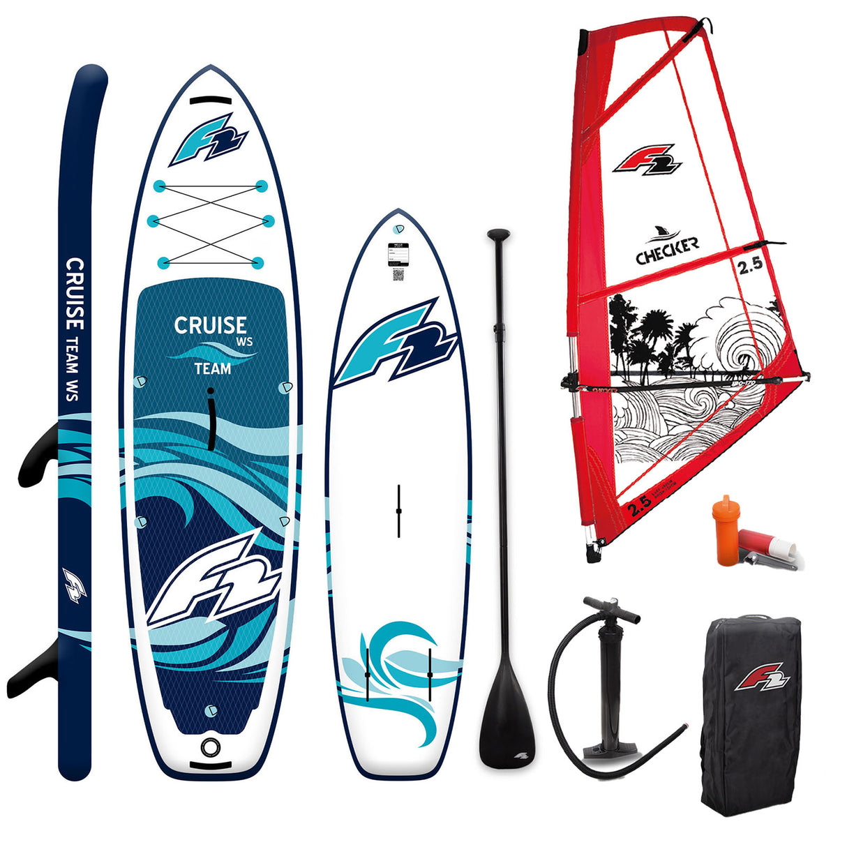 F2 Set Cruise Team SUP mit Windsurfsegel Checker Größen wählbar