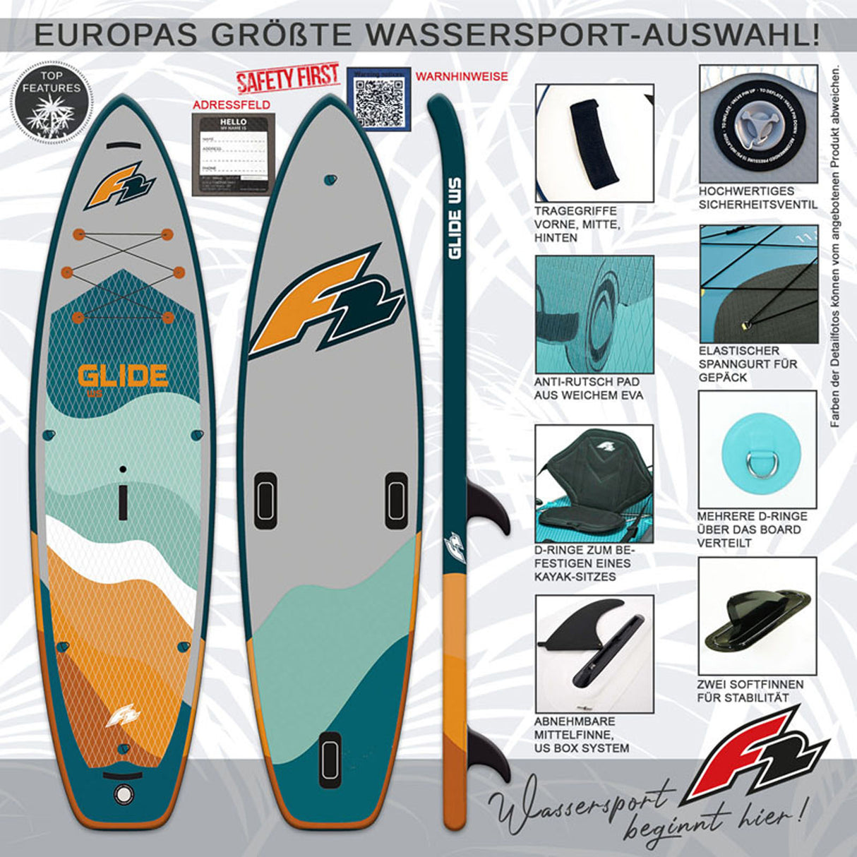 F2 Set Glide SUP 10'2" mit Windsurfsegel Checker Größen wählbar