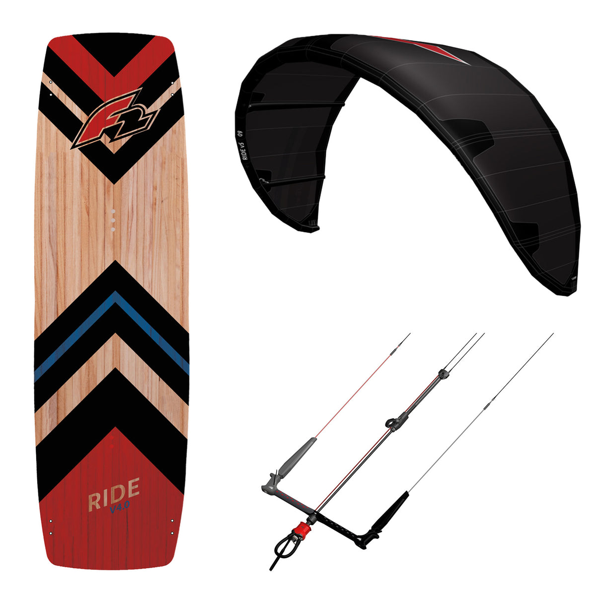 F2 Set Kite Ride V5 7qm + Kiteboard Ride Lightwind Wood 148cm + Control Bar 46cm