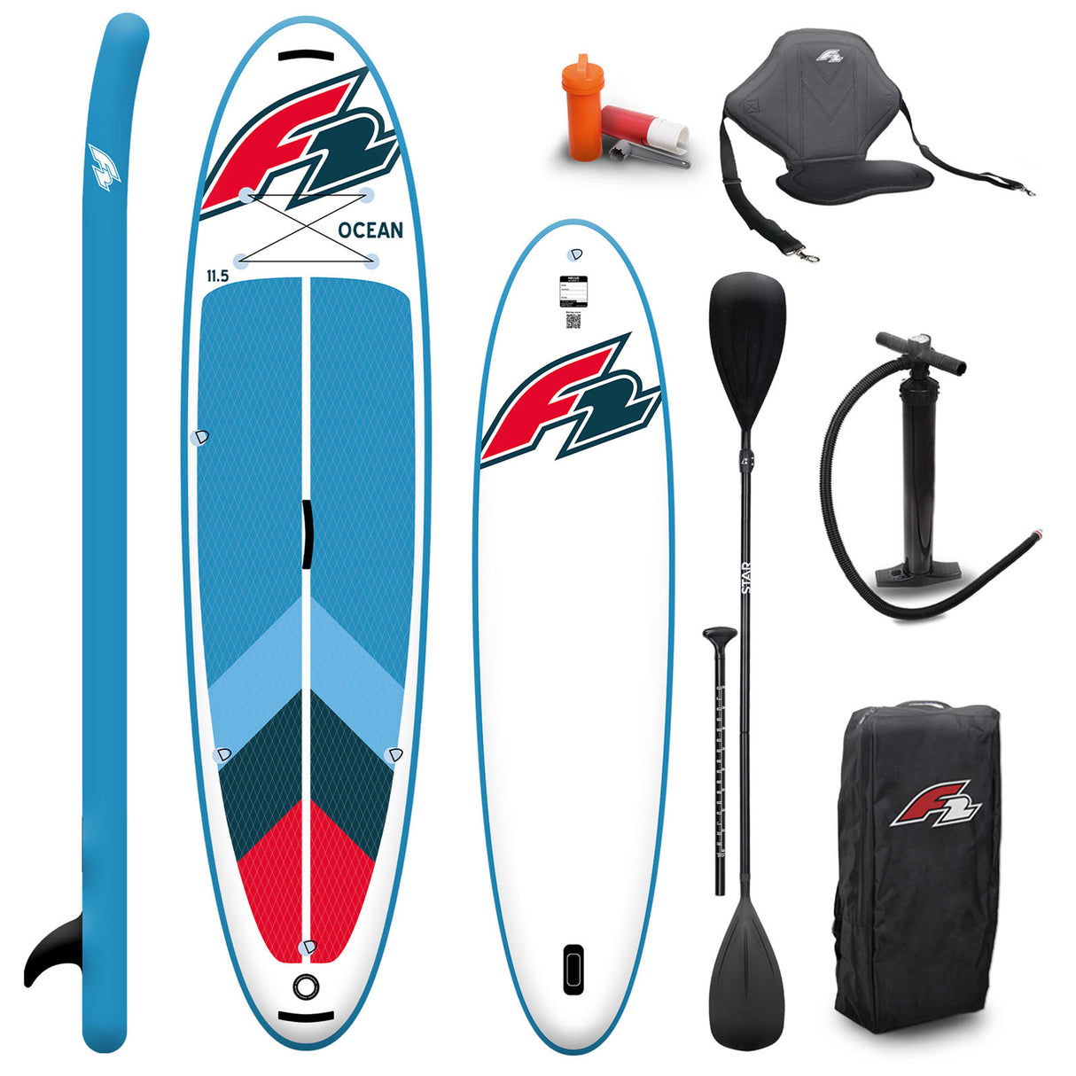 F2 Marken Stand Up Paddle Board Ocean Rot SUP 11'5 350cm + Kajak Zubehör Paket