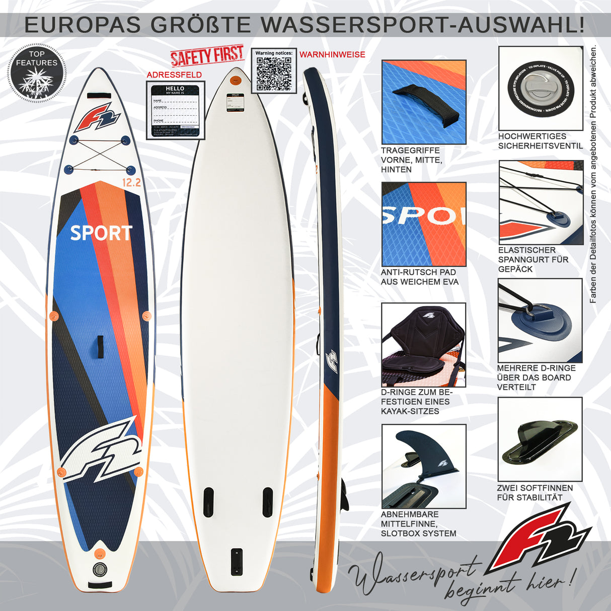 F2 Marken Stand Up Paddle Board Sport Touring SUP Orange + Basic Zubehör Paket
