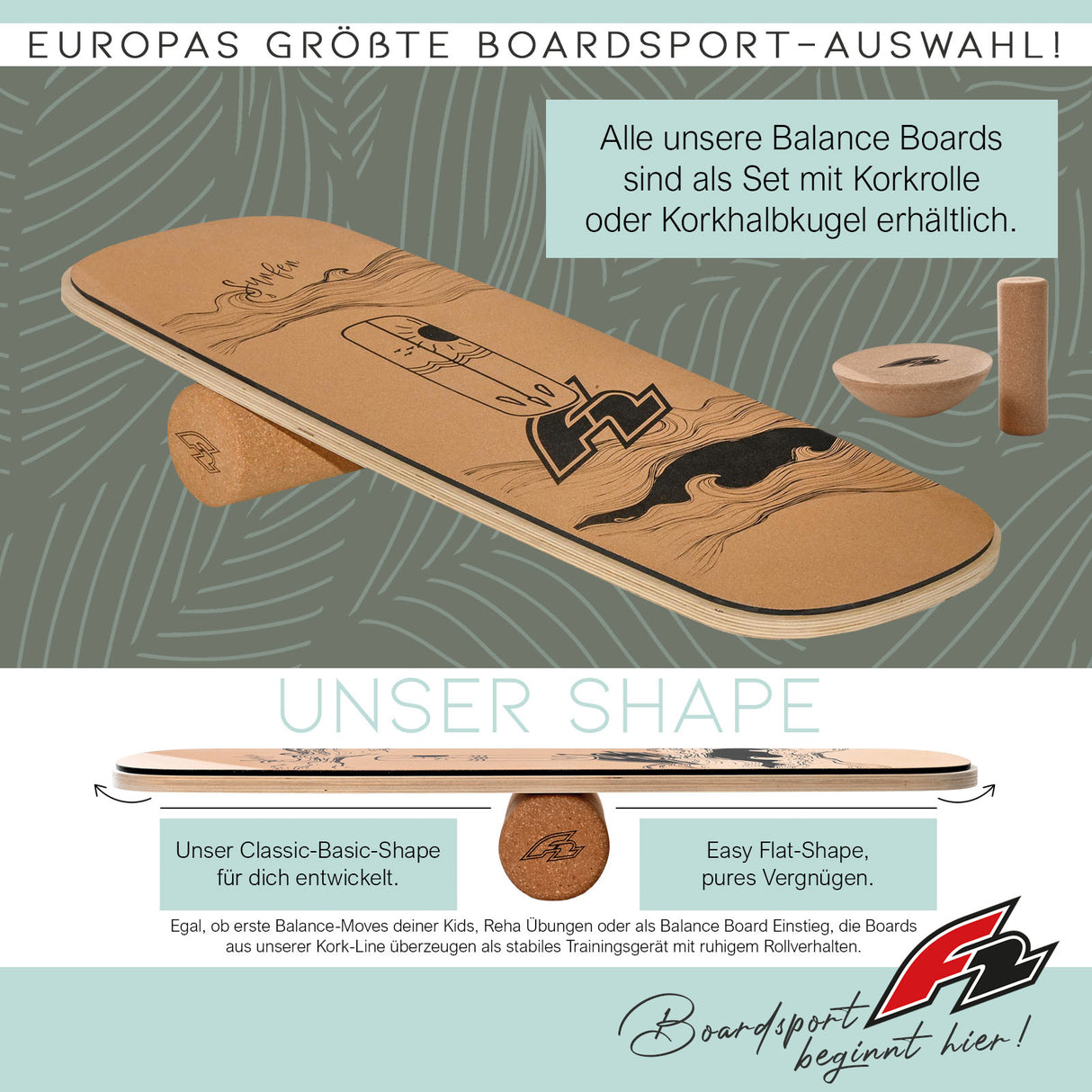 F2 Kork Balance Boards mit Korkrolle + Kork Halbkugel - Komplettset Modell wählbar