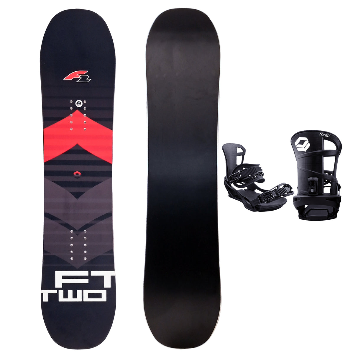 FTWO Set Snowboard Rental Schwarz/Rot + Sonic Bindung - Sale - Komplettset Größe wählbar