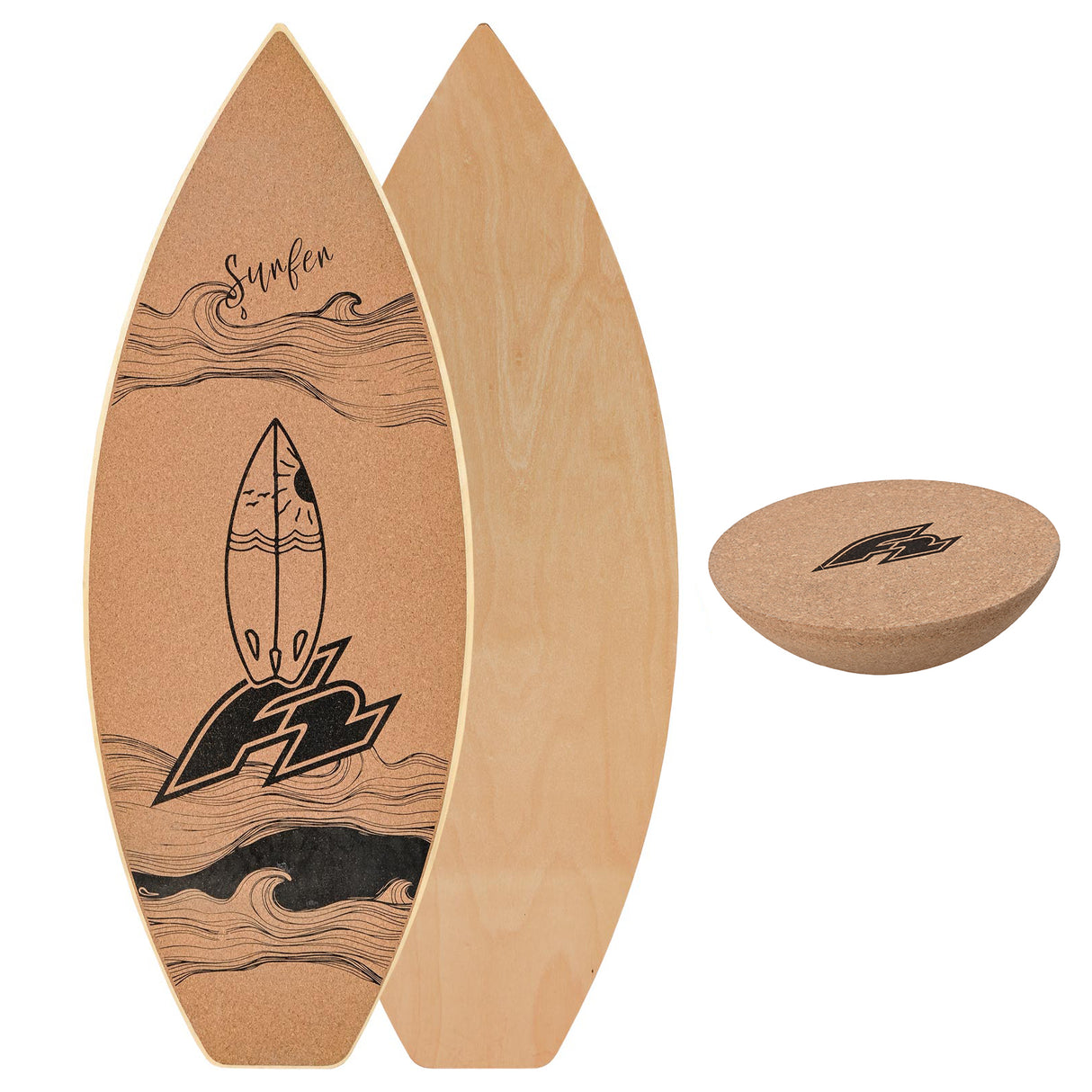 F2 Set Kork Balance Board Surf Flat Shape 84x31cm + Halbkugel