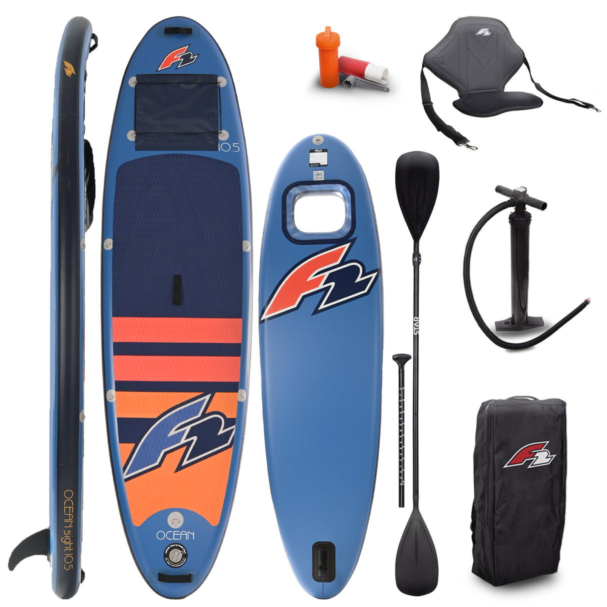 F2 Set Stand Up Paddle Board Ocean Sight Blau 10,5 + Kajak Zubehör Paket