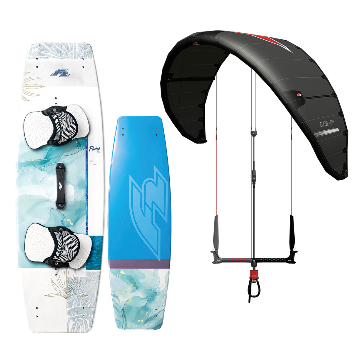 F2 Damen Set Kite Curve 9qm + Kiteboard Fluid 137cm + Control Bar 52cm