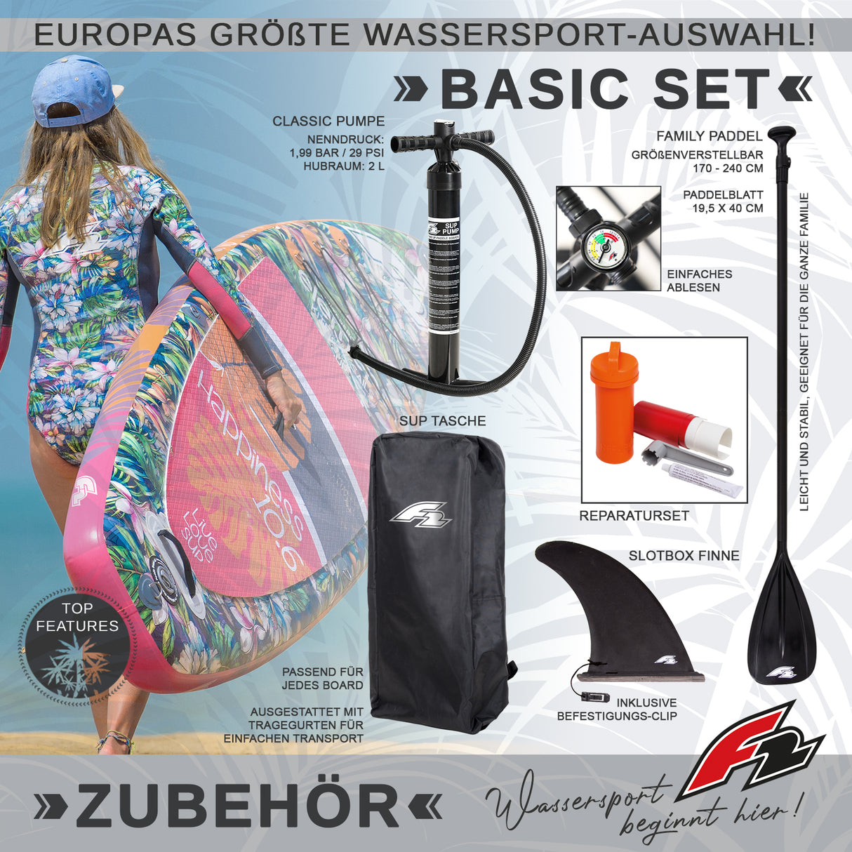 F2 Stand Up Paddle Board AXXIS SMART Damen SUP mit E-Pumpe Größe wählbar
